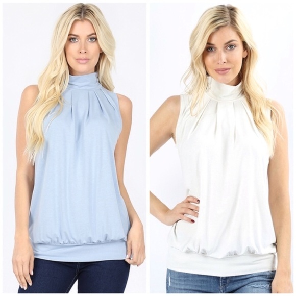 Tops - Light Blue High Neck Pleated Top